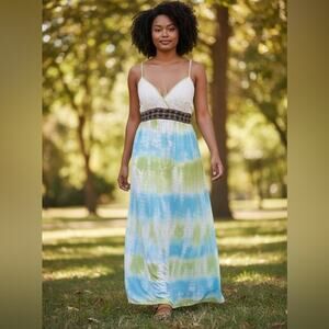 FLYING TOMATO Blue White Green Tie Dye Maxi Dress Size Small Sleeveless Boho
